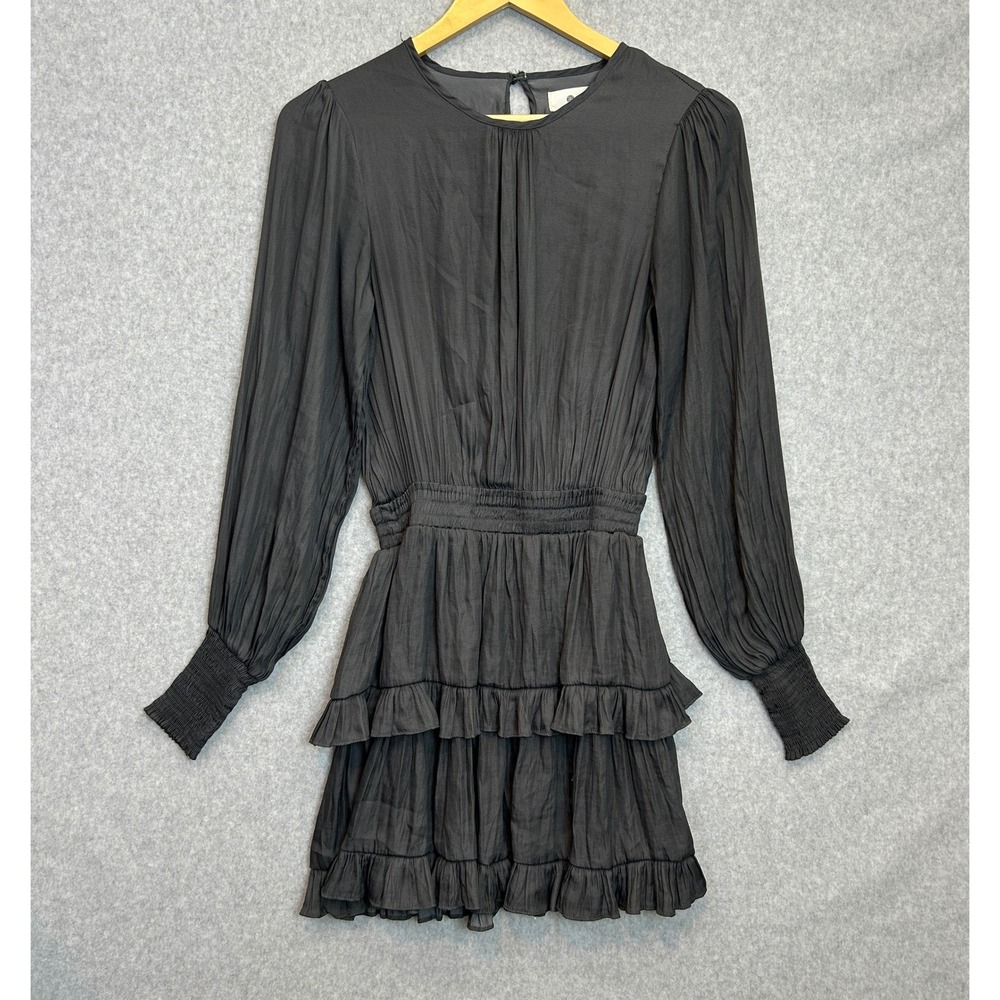 The Impeccable Pig Dress Gray Black Tiered Ruffle Smocked Long Sleeve Size Small